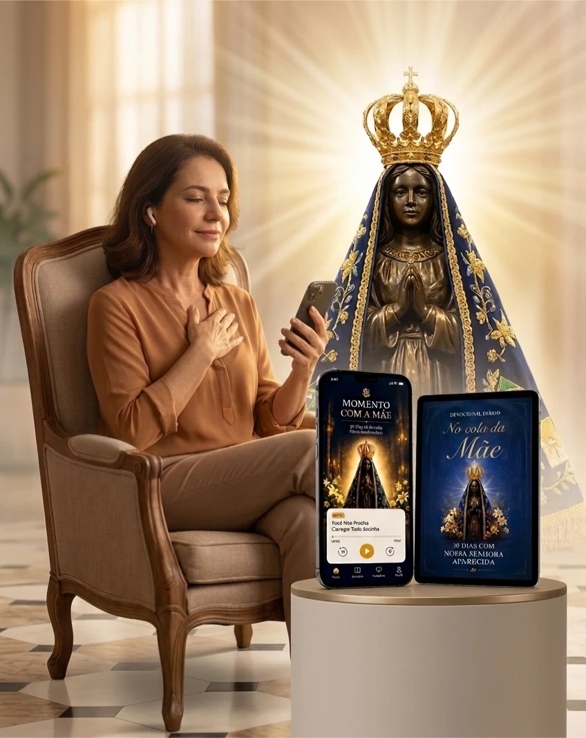 Mulher em paz com Nossa Senhora Aparecida